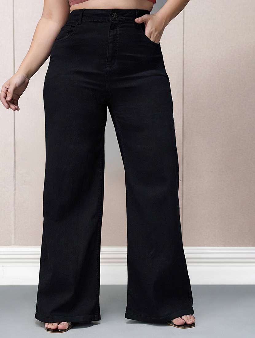 women solid high rise wide leg jean