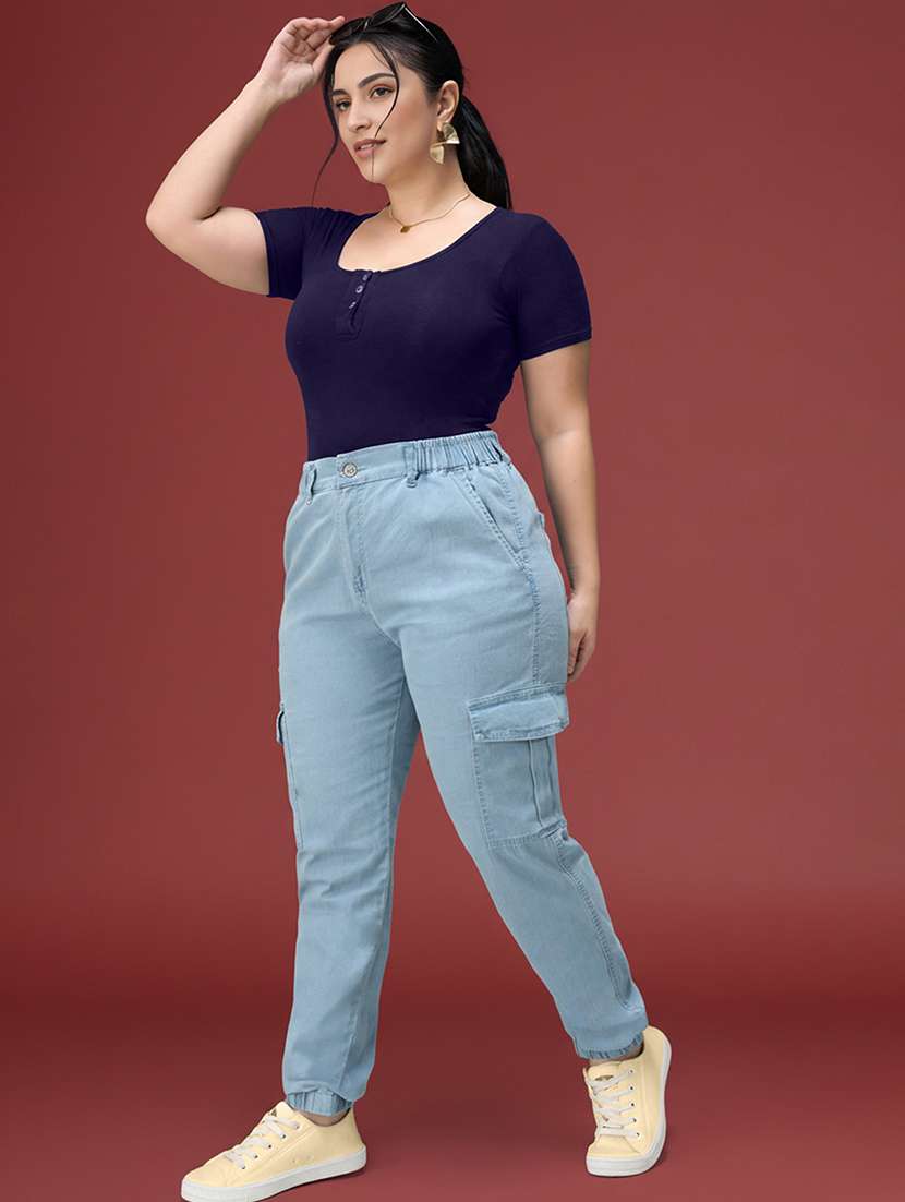 women solid high rise denim cargo jogger - 22450540 -  Standard Image - 4