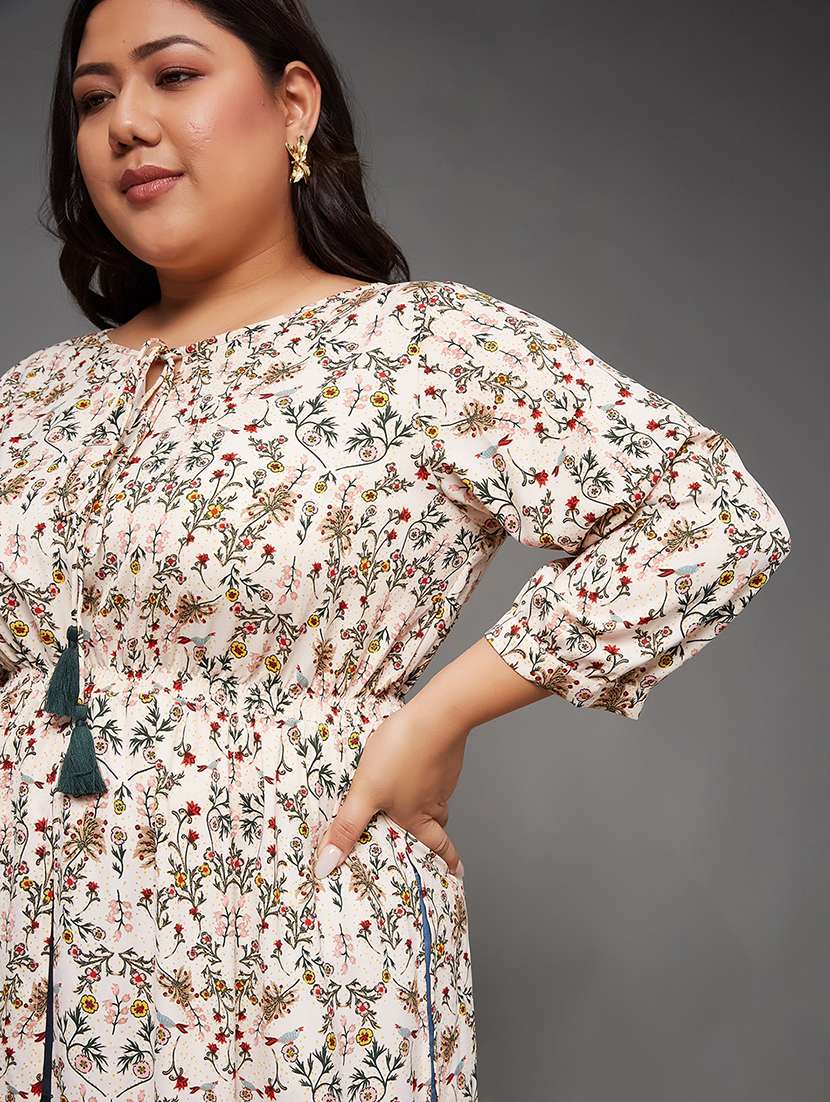 women printed tie up neck front slit tunic - 22450545 -  Standard Image - 1