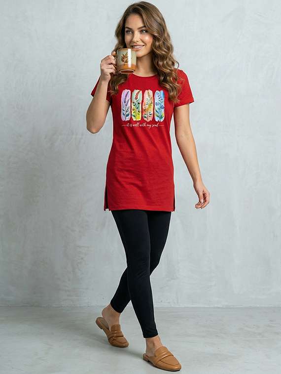 Women Red Cotton Blend Regular T-shirt - 22451328 -  Standard Image - 4