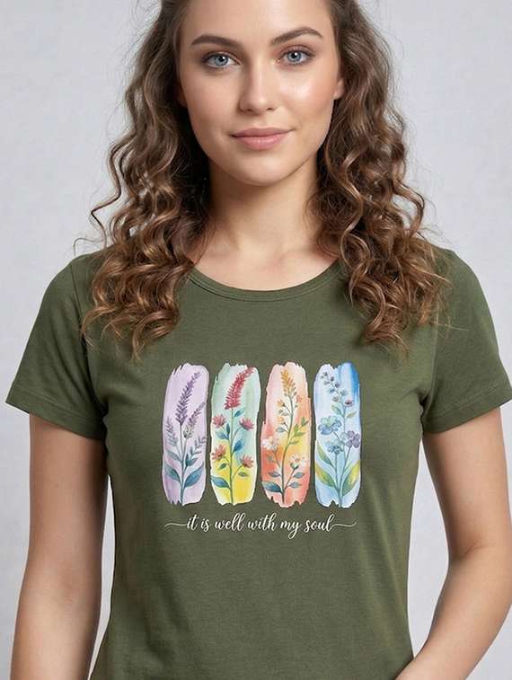 women olive cotton blend regular t-shirt - 22451381 -  Standard Image - 1