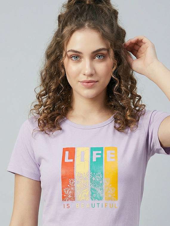 women purple cotton blend regular t-shirt - 22451402 -  Standard Image - 1