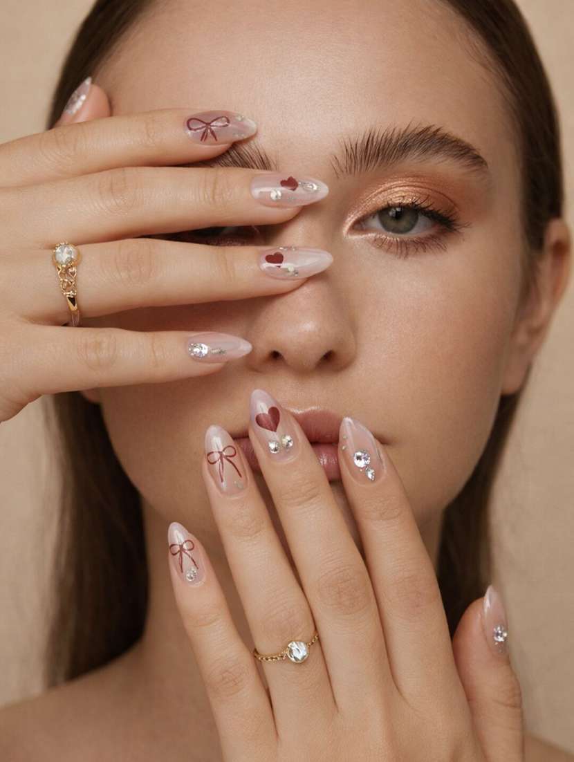 stick-on artificial nails set of 12 with rhinestone & heart design - 22451519 -  Standard Image - 1
