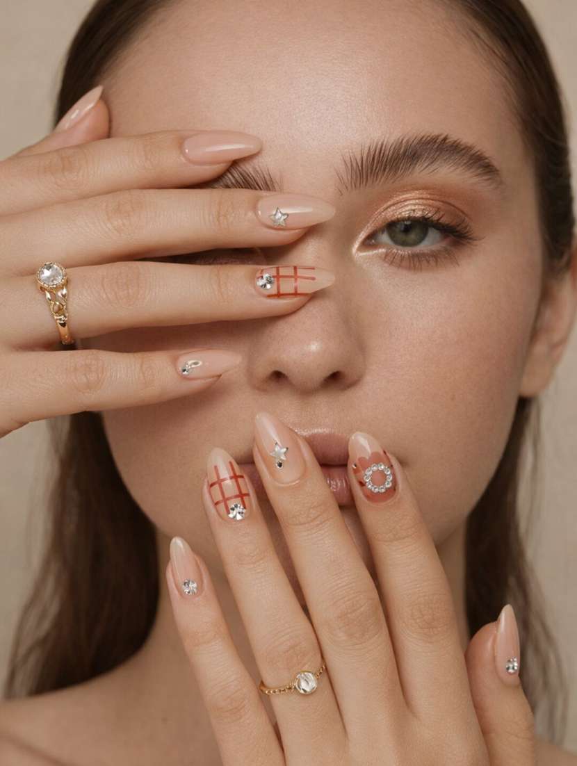  nude glossy stick-on artificial nails set of 12 with rhinestone & star design - 22451520 -  Standard Image - 1