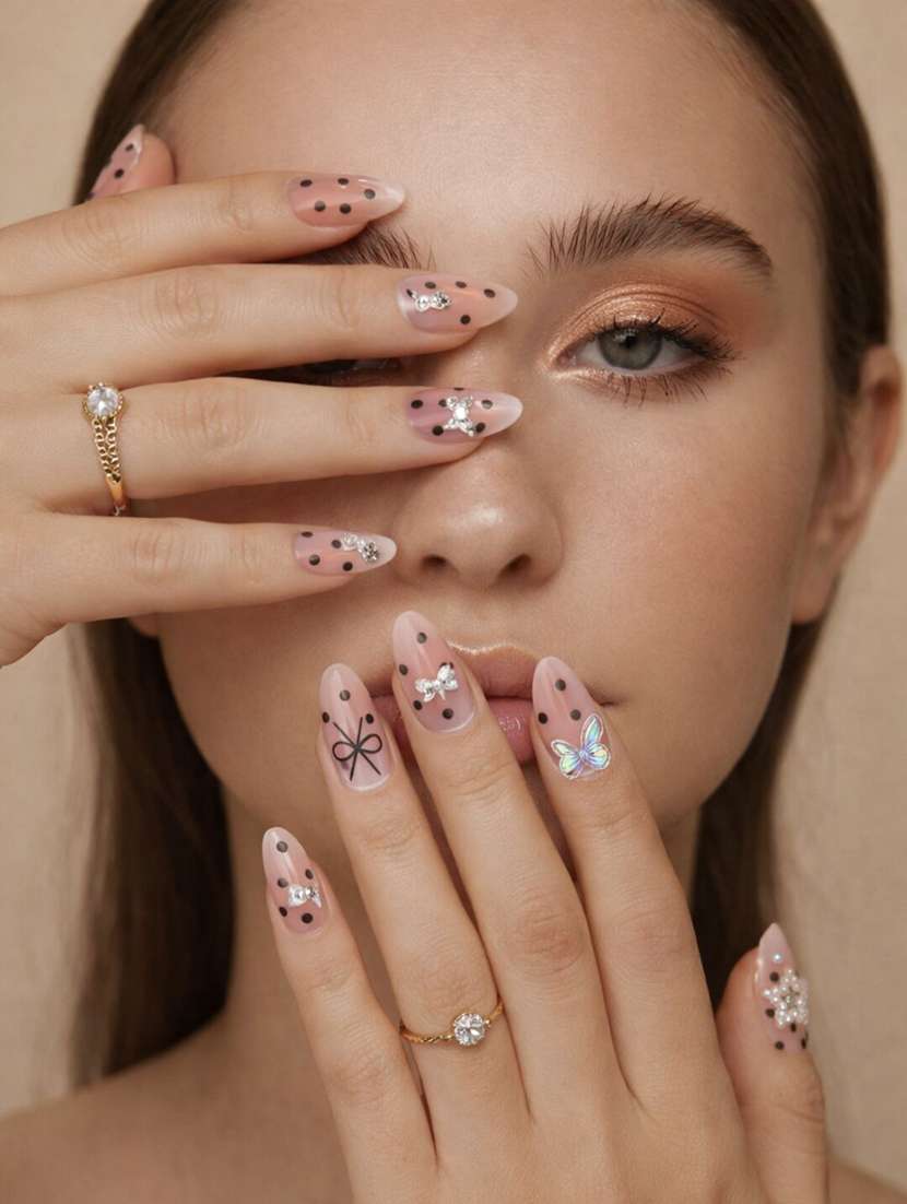 pink ombre stick on artificial nails set of 12 with butterfly pearl rhinestone design - 22451521 -  Standard Image - 1