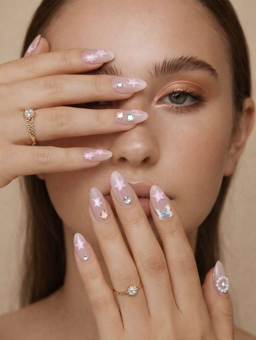 nude pink star design stick on artificial nails set of 12 with rhinestone & butterfly charm - 22451522 -  Standard Image - 1