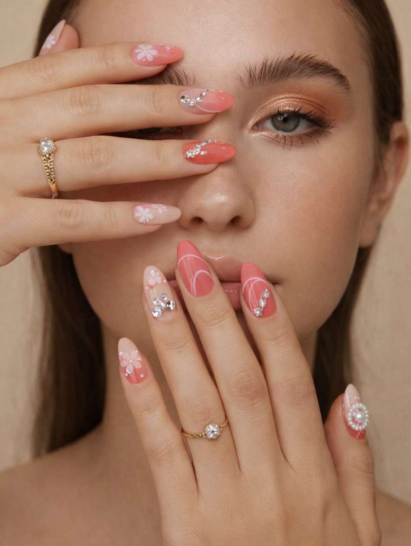 floral rhinestone press on nails set of 12 with nail stickers - 22451523 -  Standard Image - 1