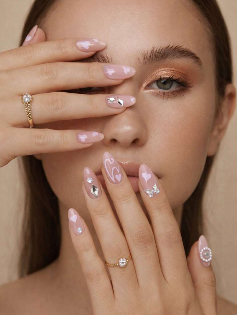  pink heart design press on nails set of 12 with nail stickers - 22451524 -  Standard Image - 1