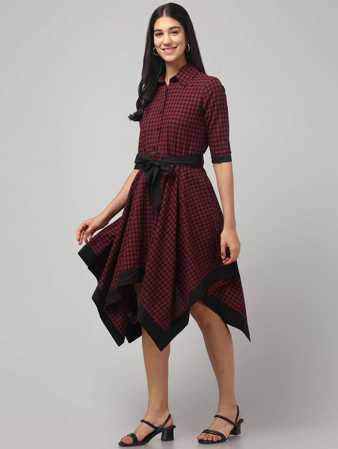 women checkered collared asymmetric dress - 22451704 -  Standard Image - 4