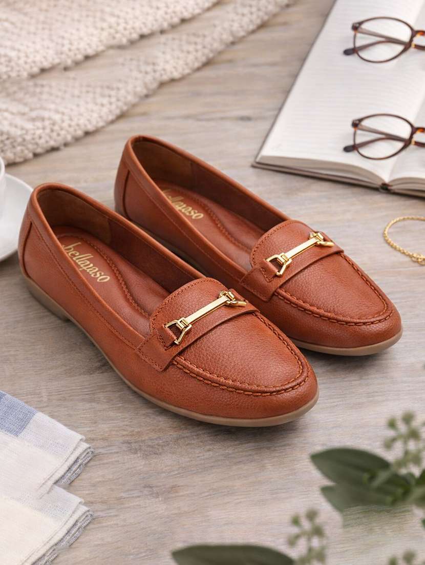 women tan slip on loafer