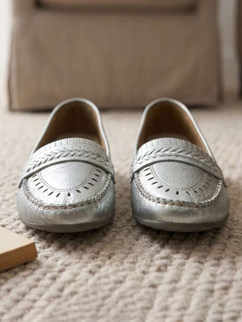 women silver slip on loafer