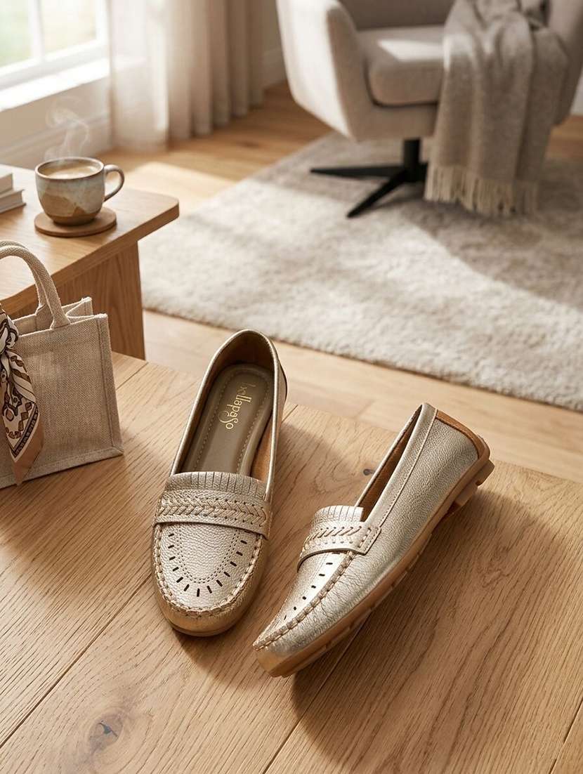 women gold slip on loafer