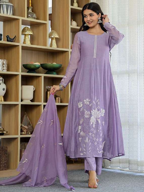 women lavender self design  kurta pant set - 22451847 -  Standard Image - 6