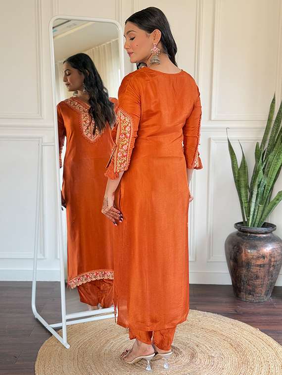 women rust self design kurta pant set - 22451856 -  Standard Image - 4