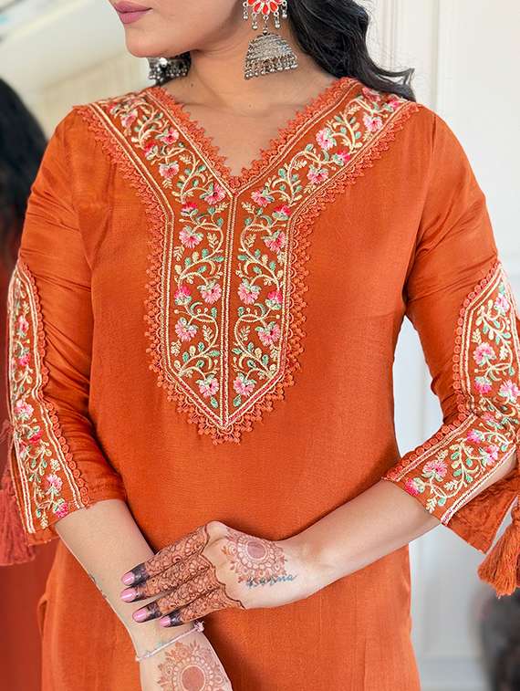 women rust self design kurta pant set - 22451856 -  Standard Image - 6