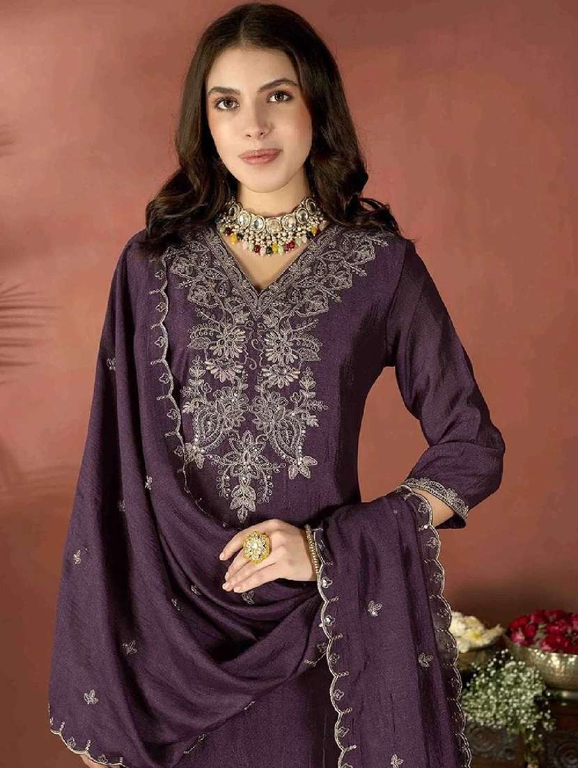 women solid with work three quarter sleeve kurta pant with dupatta set - 22451871 -  Standard Image - 1