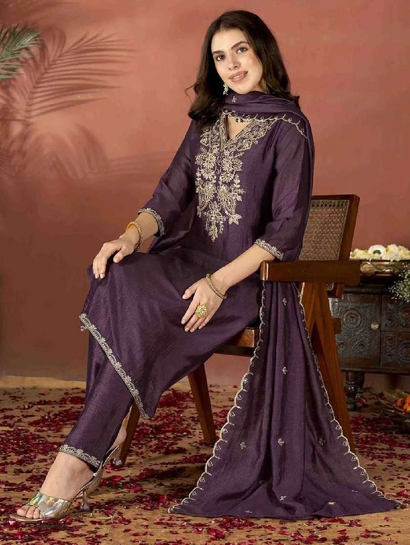 women solid with work three quarter sleeve kurta pant with dupatta set - 22451871 -  Standard Image - 4