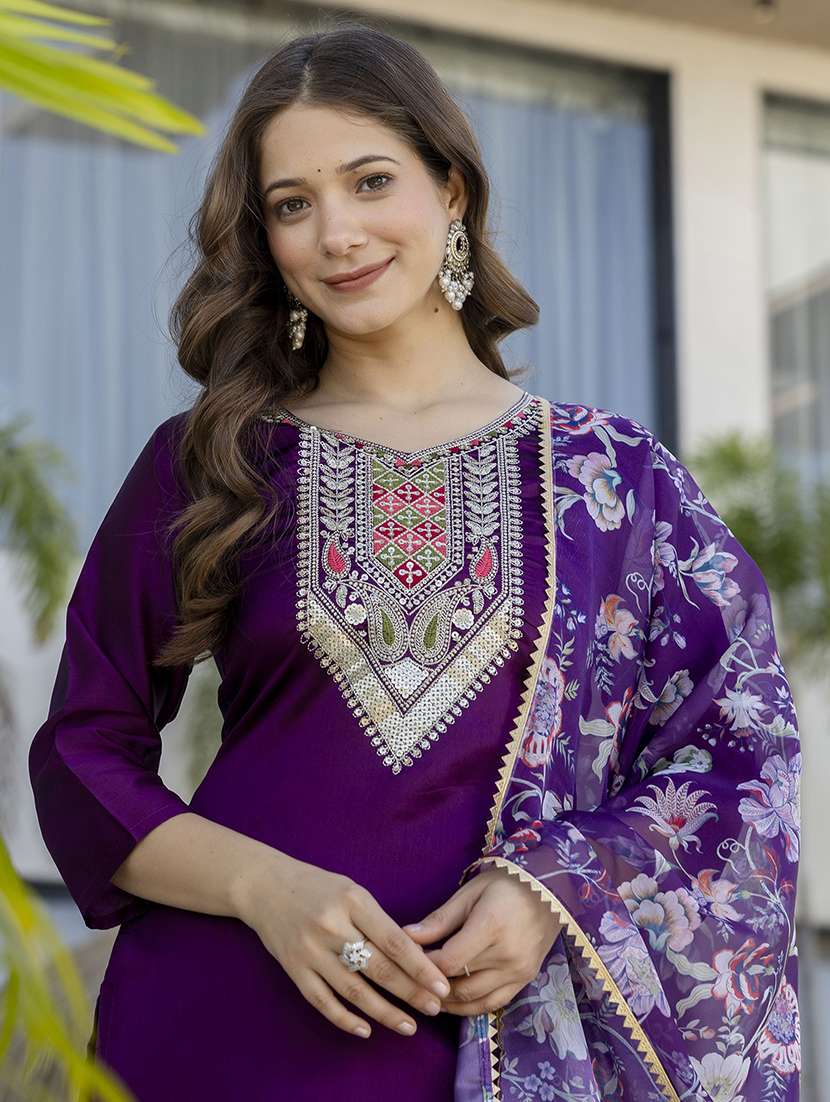 women purple self design  kurta pant set - 22451872 -  Standard Image - 1