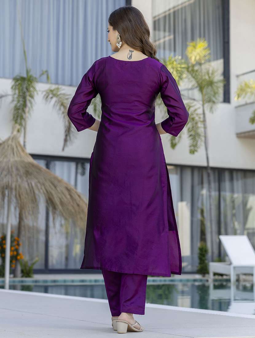 women purple self design  kurta pant set - 22451872 -  Standard Image - 4