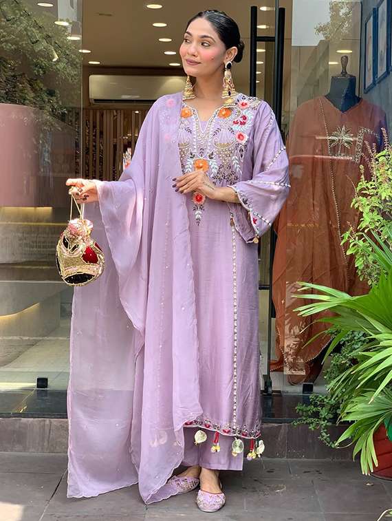 women lavender self design  kurta pant set