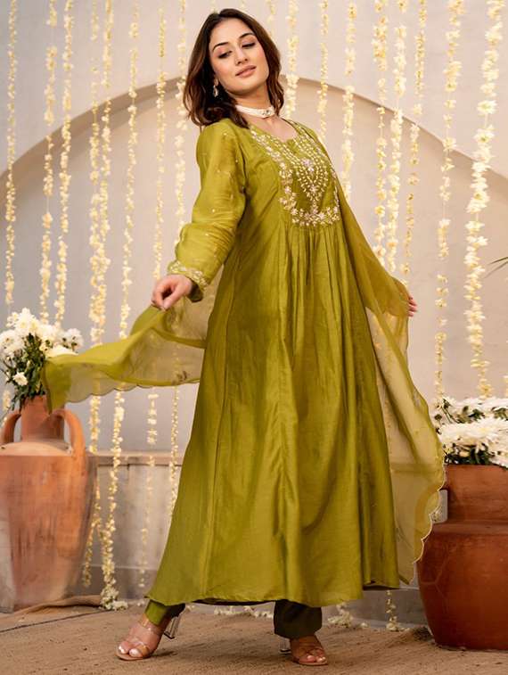 women olive kurta pant set - 22451879 -  Standard Image - 4