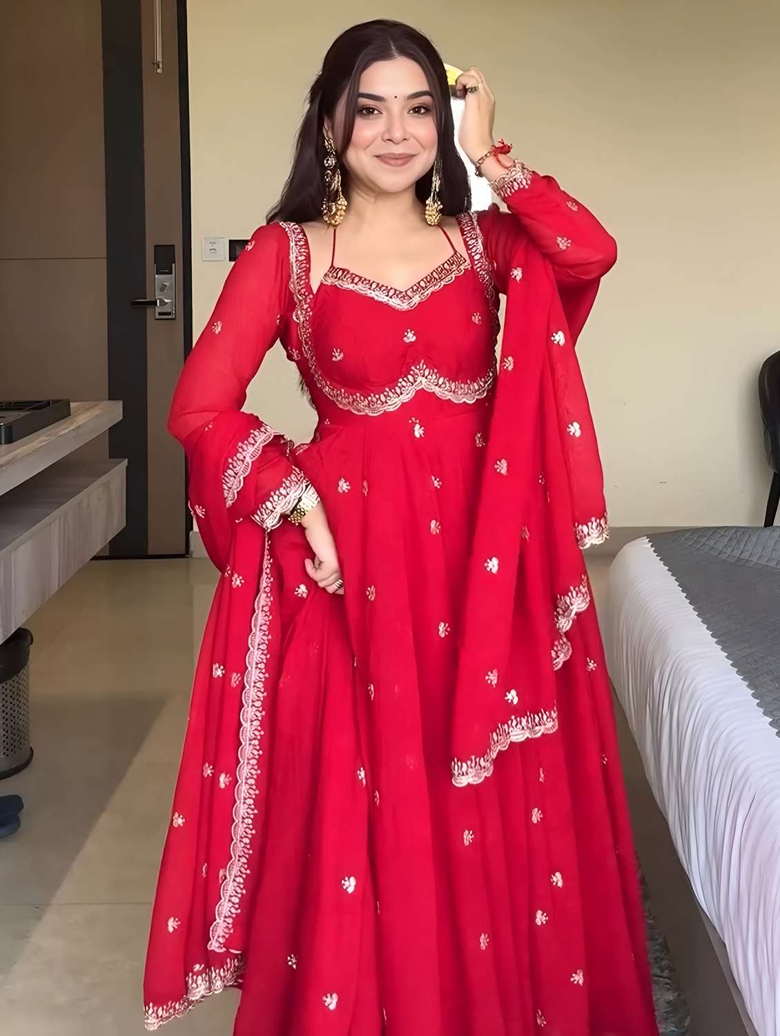 women red  self design anarkali sets set - 22451887 -  Standard Image - 1