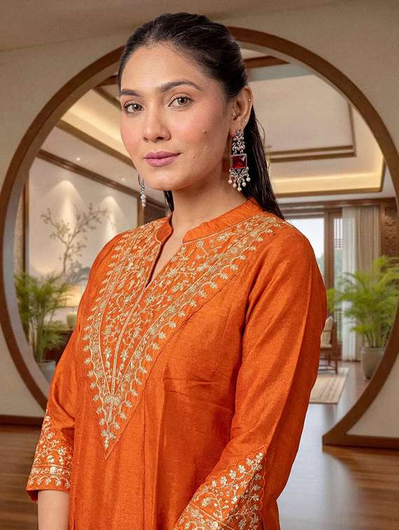 women orange self design  kurta pant set - 22451892 -  Standard Image - 1