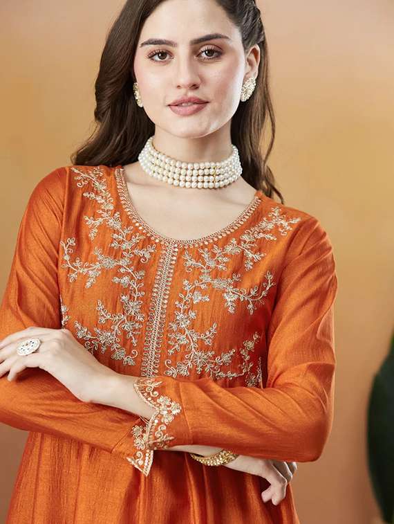 women rust self design  kurta pant set - 22451901 -  Standard Image - 1