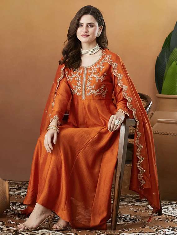 women rust self design  kurta pant set - 22451901 -  Standard Image - 4