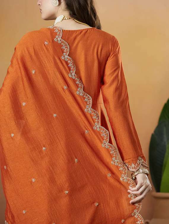 women rust self design  kurta pant set - 22451901 -  Standard Image - 6
