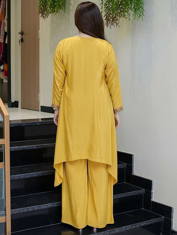 women yellow self design  kurta palazzo set set - 22451906 -  Standard Image - 4