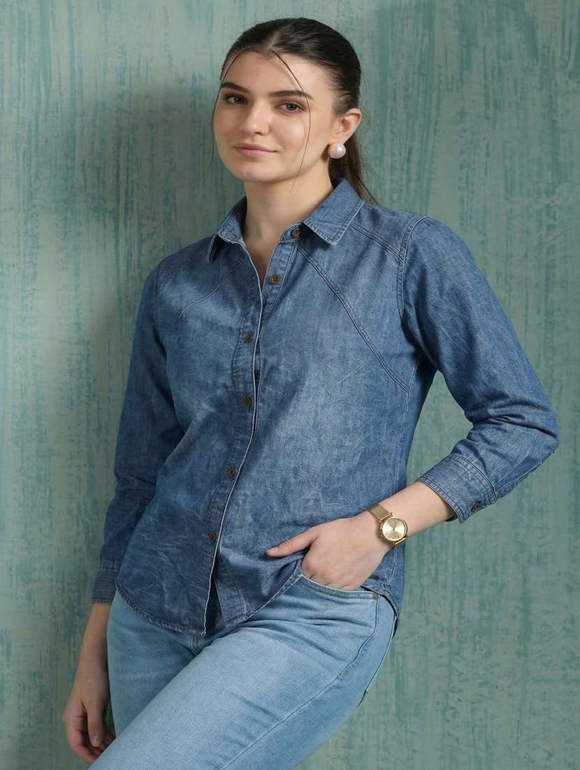 women solid long sleeve regualr fit denim shirt