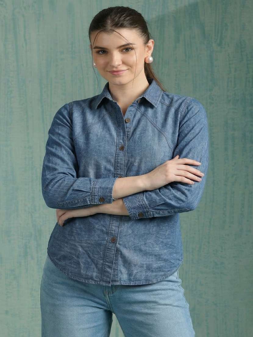 women solid long sleeve regualr fit denim shirt - 22451993 -  Standard Image - 1