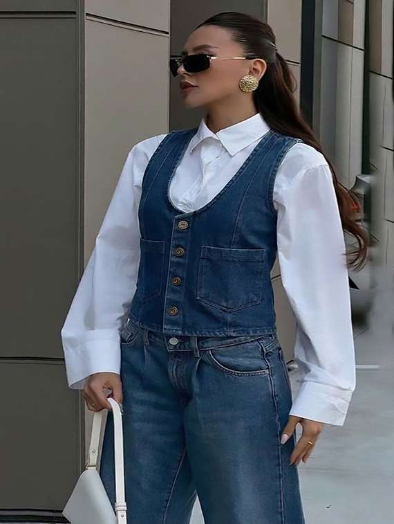 women solid scoop neck denim vest top - 22451994 -  Standard Image - 1