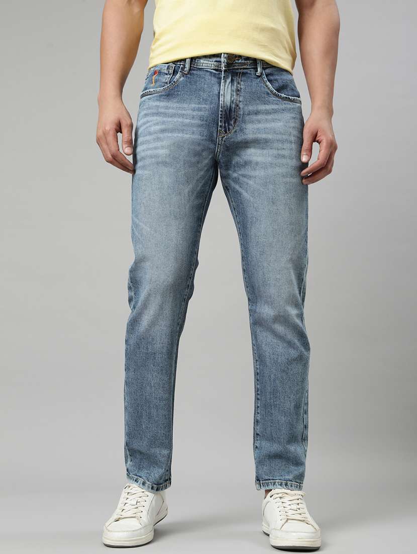 men washed mid rise full length tapered jeans