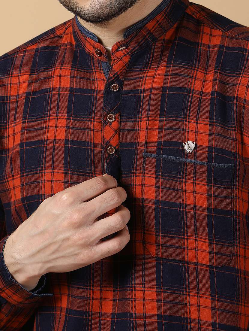 men checkered mandarin neck short kurta - 22452031 -  Standard Image - 1