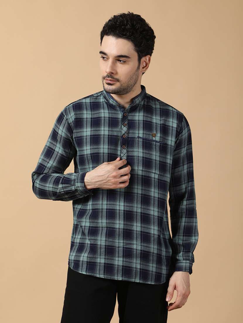 men checkered mandarin neck short kurta