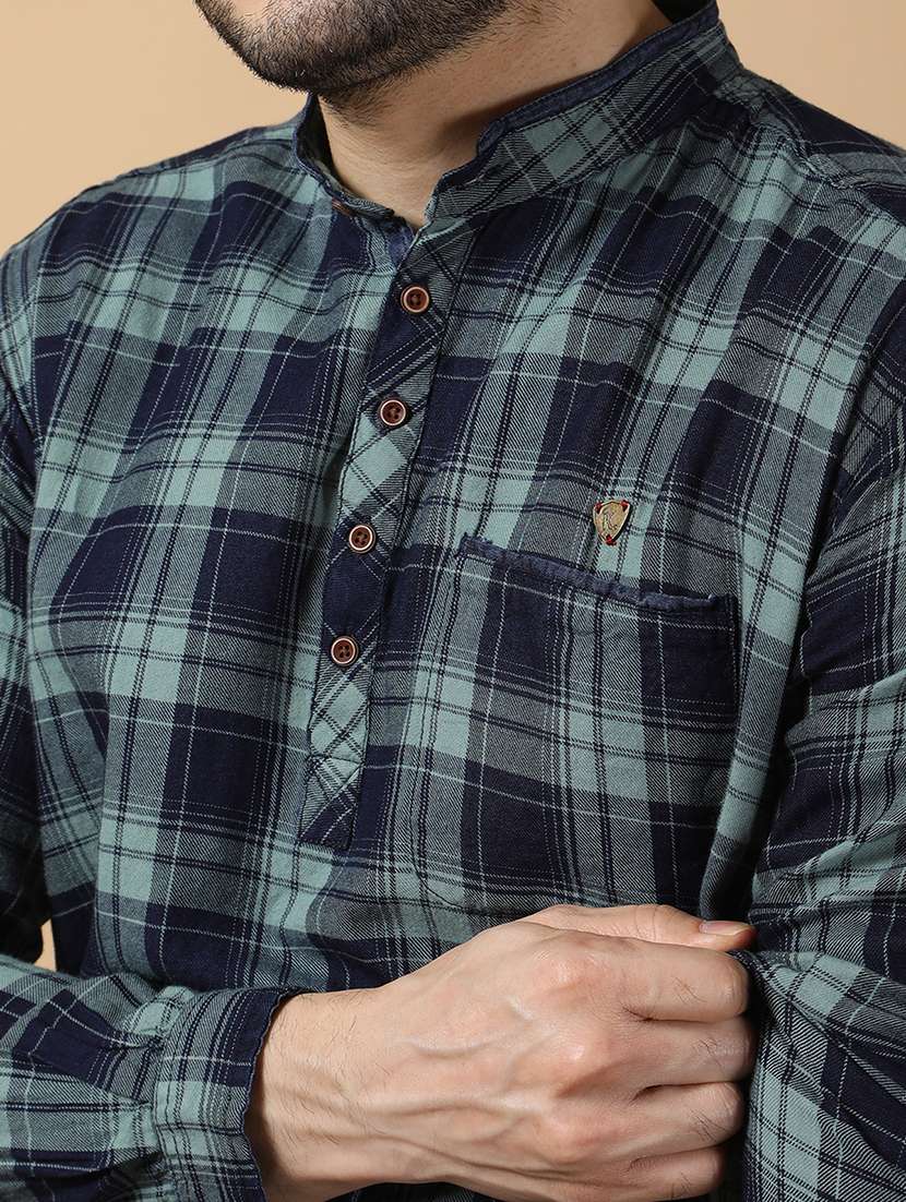 men checkered mandarin neck short kurta - 22452032 -  Standard Image - 1