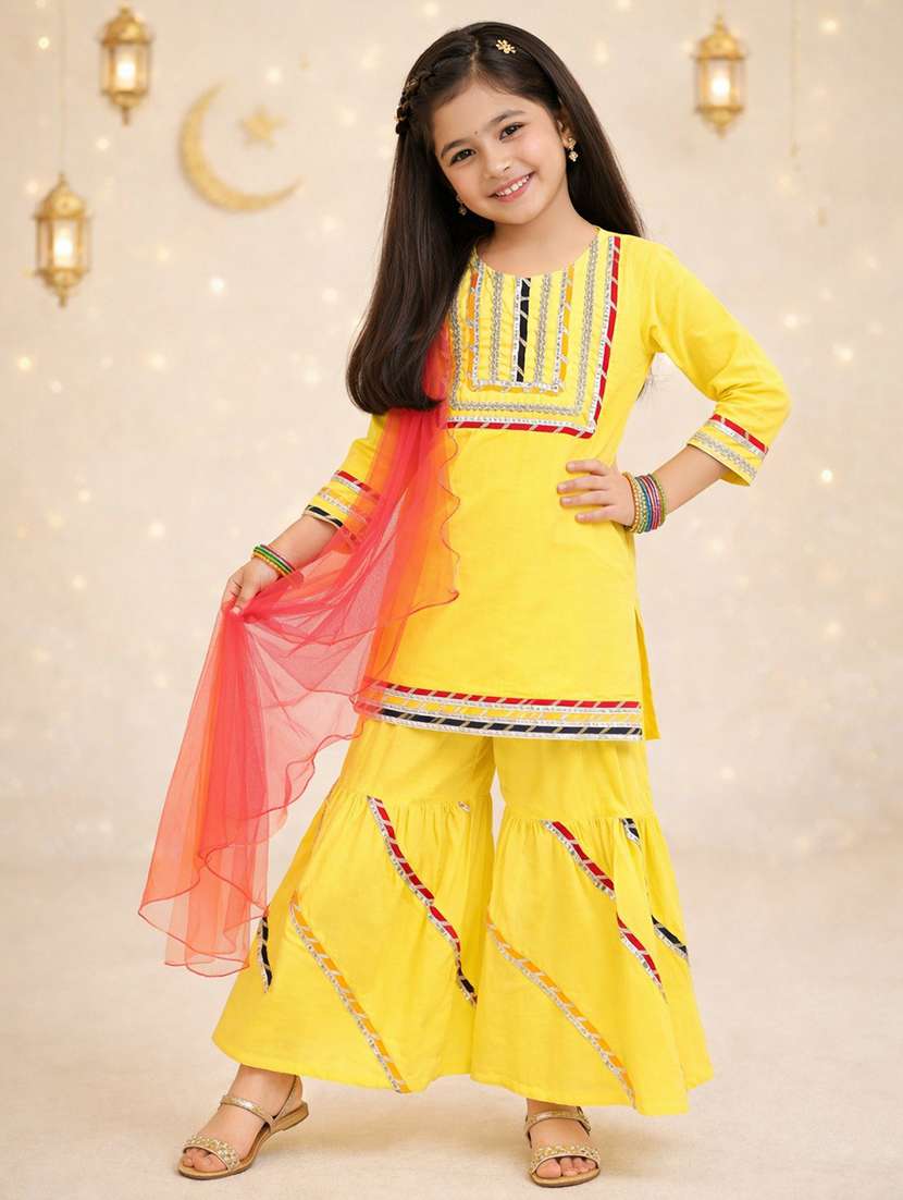 girls yellow cotton gota patti kurta sharara set