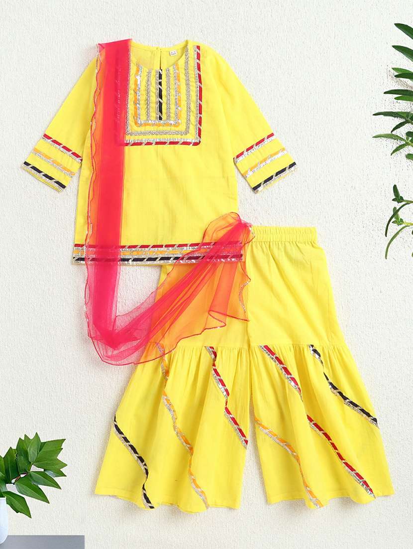 girls yellow cotton gota patti kurta sharara set - 22452088 -  Standard Image - 1
