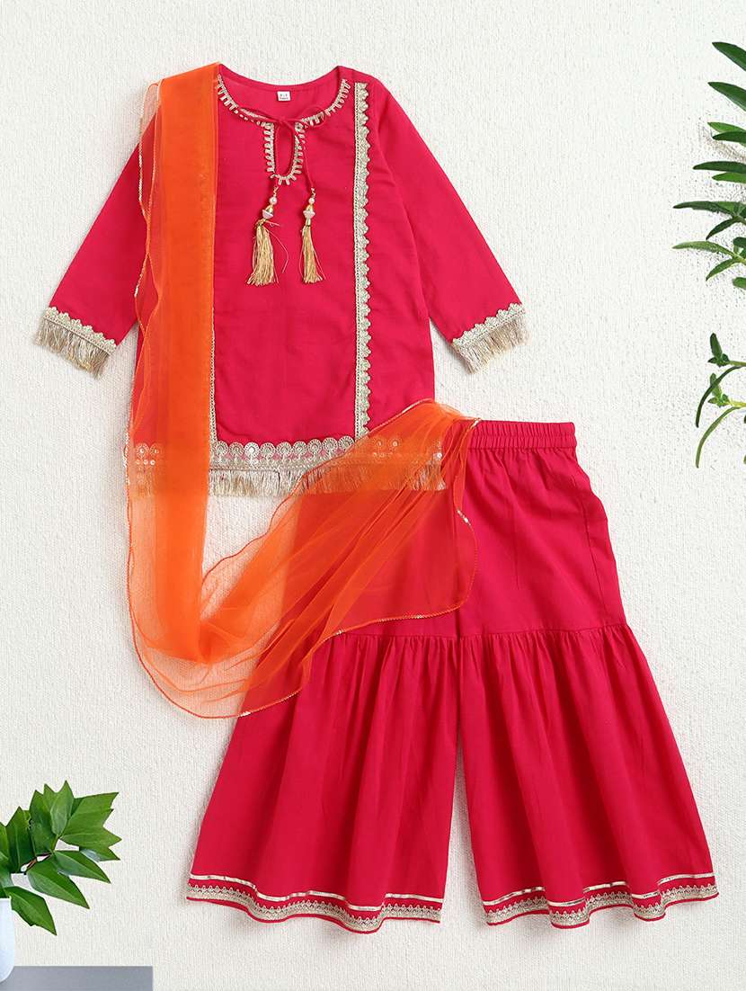 kids pink cotton kurta sharara set suit set - 22452090 -  Standard Image - 1