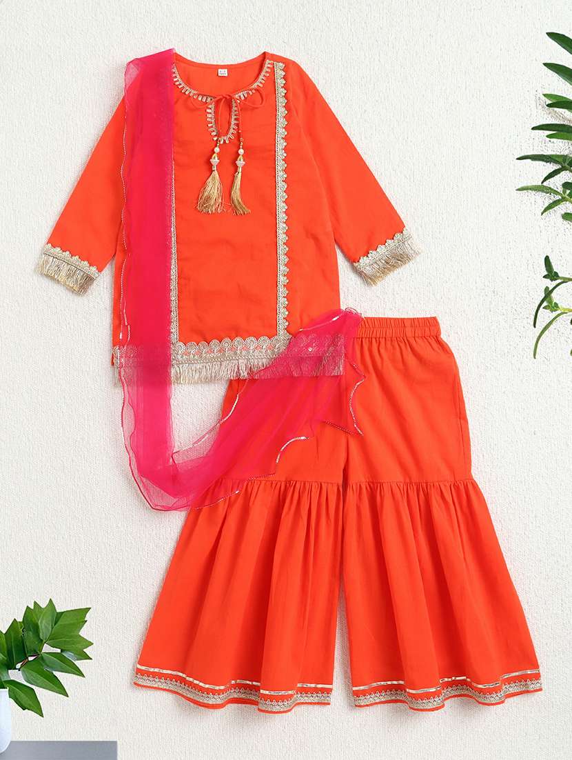 kids orange cotton kurta sharara set suit set - 22452091 -  Standard Image - 1