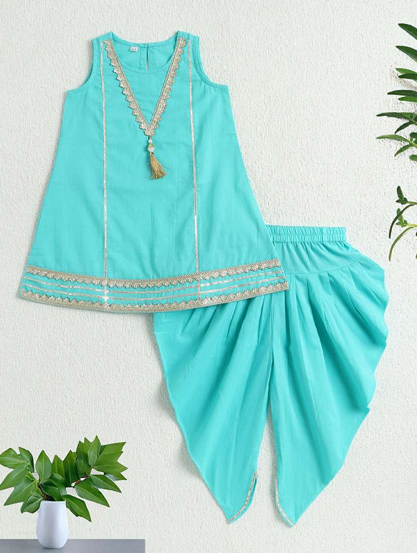 girls solid turquoise cotton kurta churidaar set suit set - 22452098 -  Standard Image - 1
