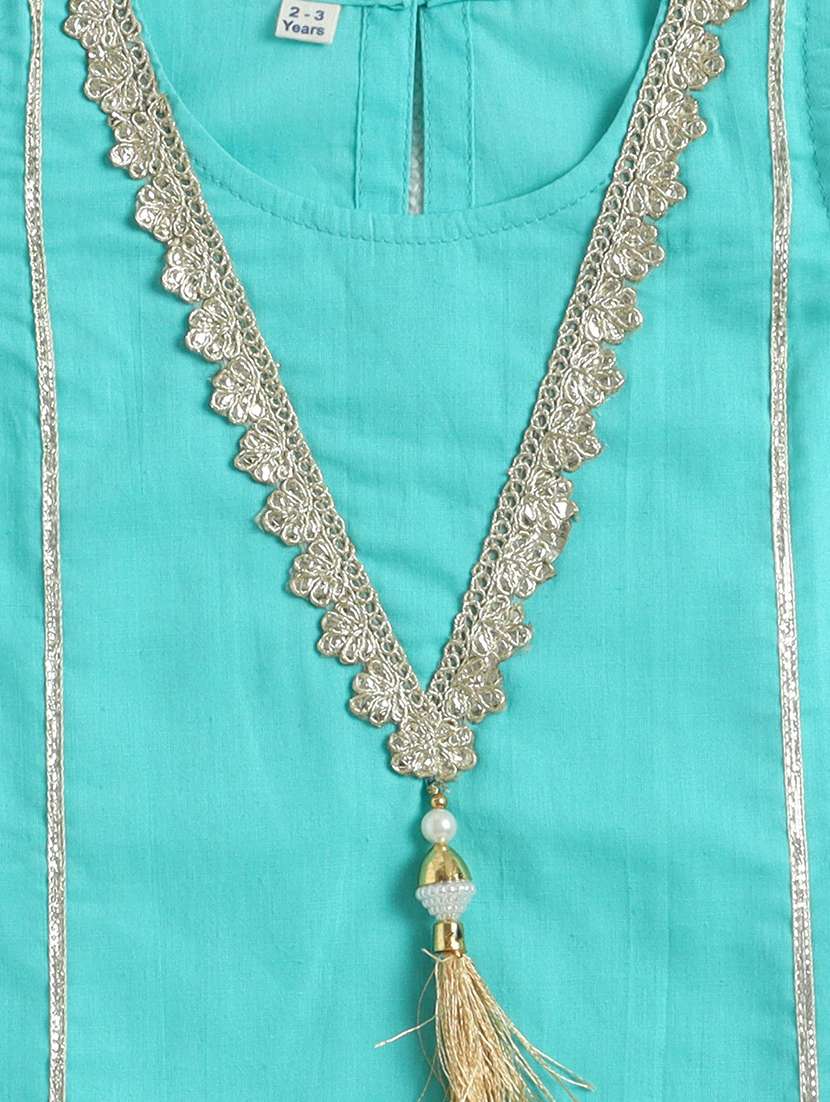 girls solid turquoise cotton kurta churidaar set suit set - 22452098 -  Standard Image - 4
