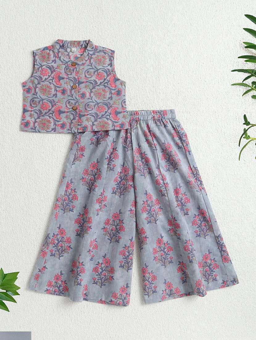 girls blue cotton kurta palazzo suit set - 22452099 -  Standard Image - 1