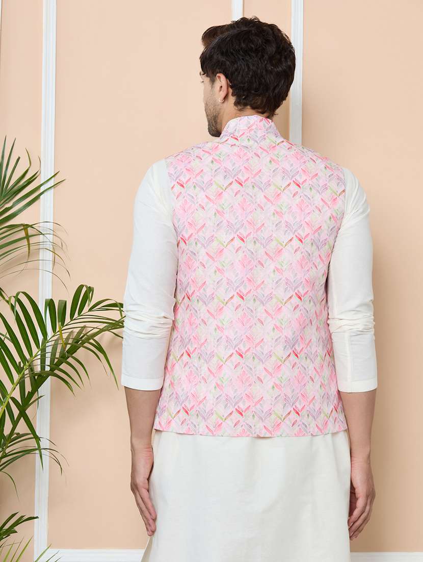 men pink cotton blend nehru jacket - 22452373 -  Standard Image - 4