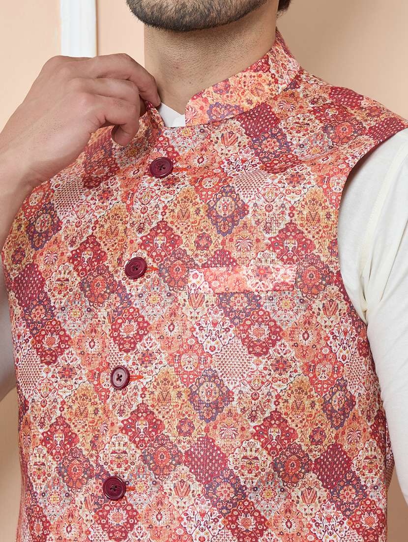 men orange cotton blend nehru jacket - 22452374 -  Standard Image - 1