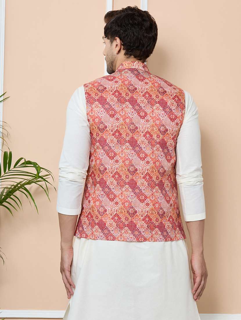 men orange cotton blend nehru jacket - 22452374 -  Standard Image - 4