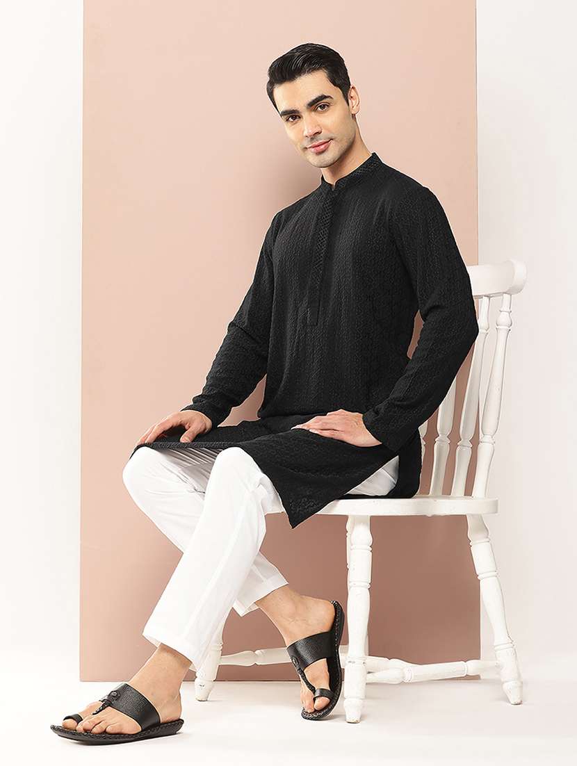 men solid with work mandarin neck kurta pyjama set