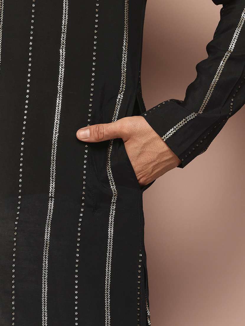 Men Solid With Work Mandarin Neck Kurta Pyjama Set - 22452772 -  Standard Image - 6